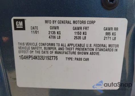 2002 Buick Lesabre Custom из США, поврежденный, VIN 1G4HP54K02U192776